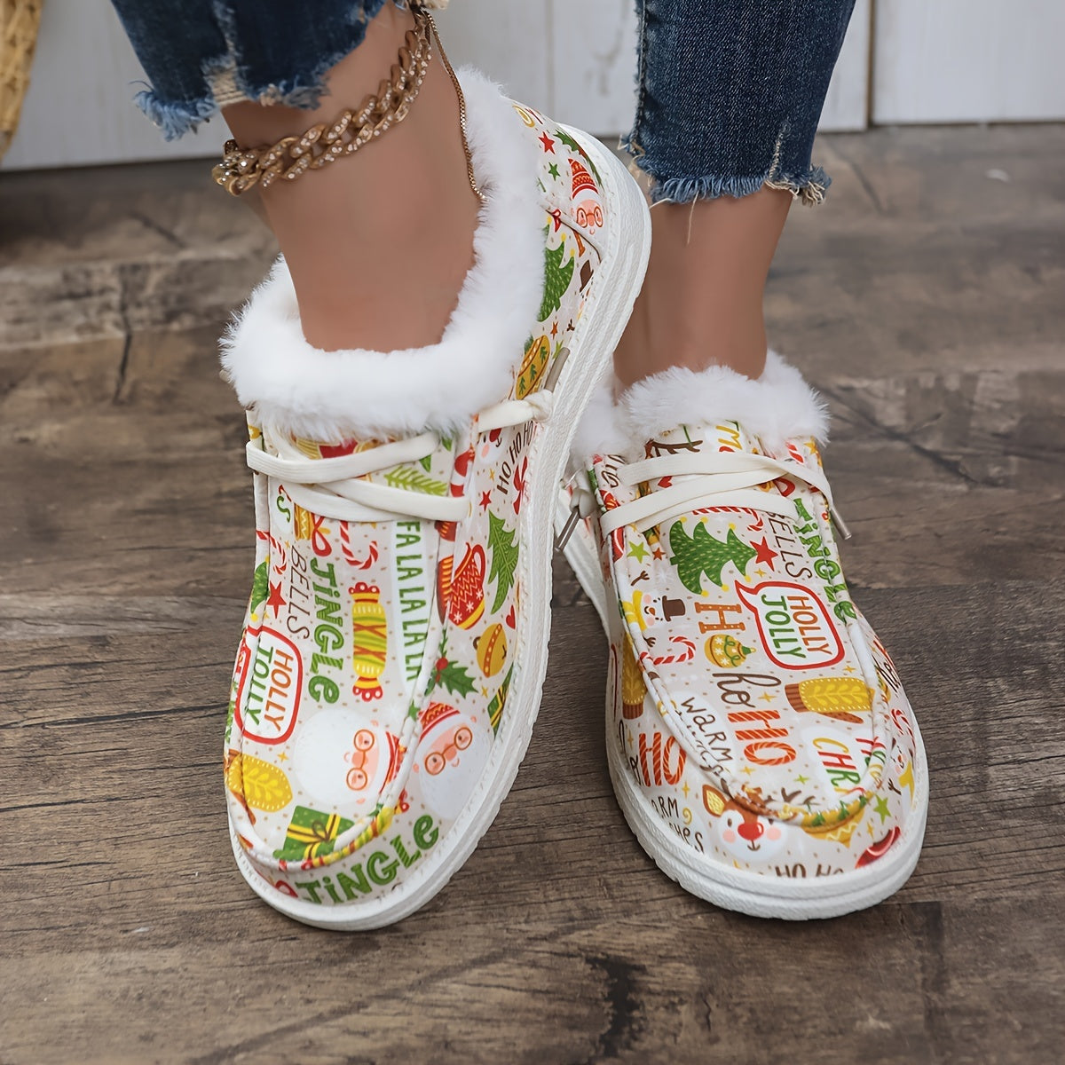 Christmas Reindeer Santa Snowman Print Plush Lined Furry Flat Skate Shoes