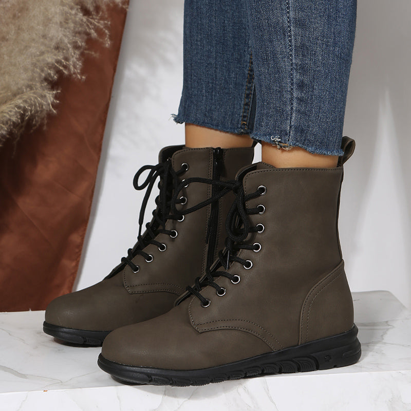 Women's Ankle Flat Boots Lace Up Faux Leather Shoes
