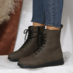 Women's Ankle Flat Boots Lace Up Faux Leather Shoes