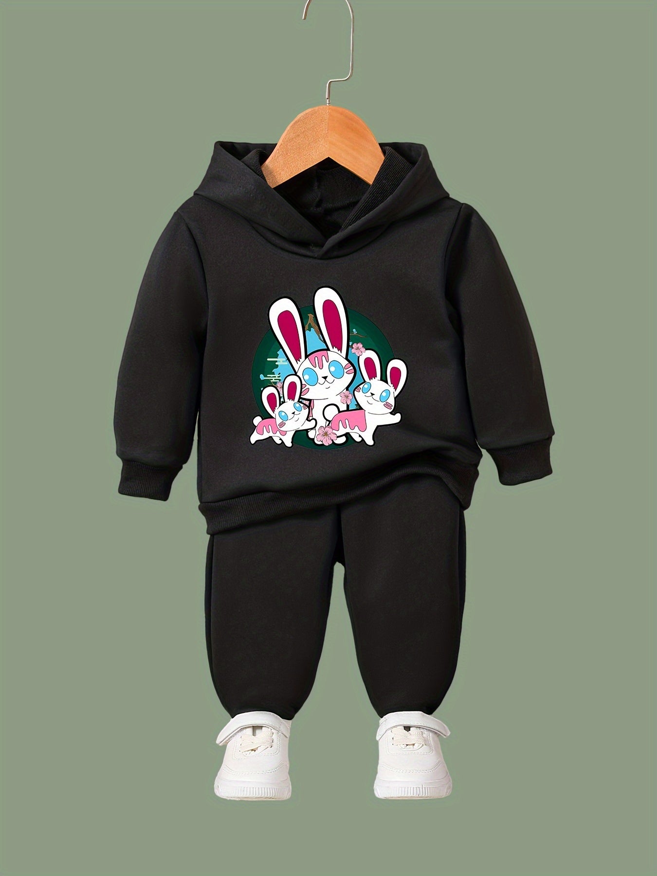 Girls Rabbit Pattern Long Sleeve Hooded Sweatshirt and Sweatpants Set