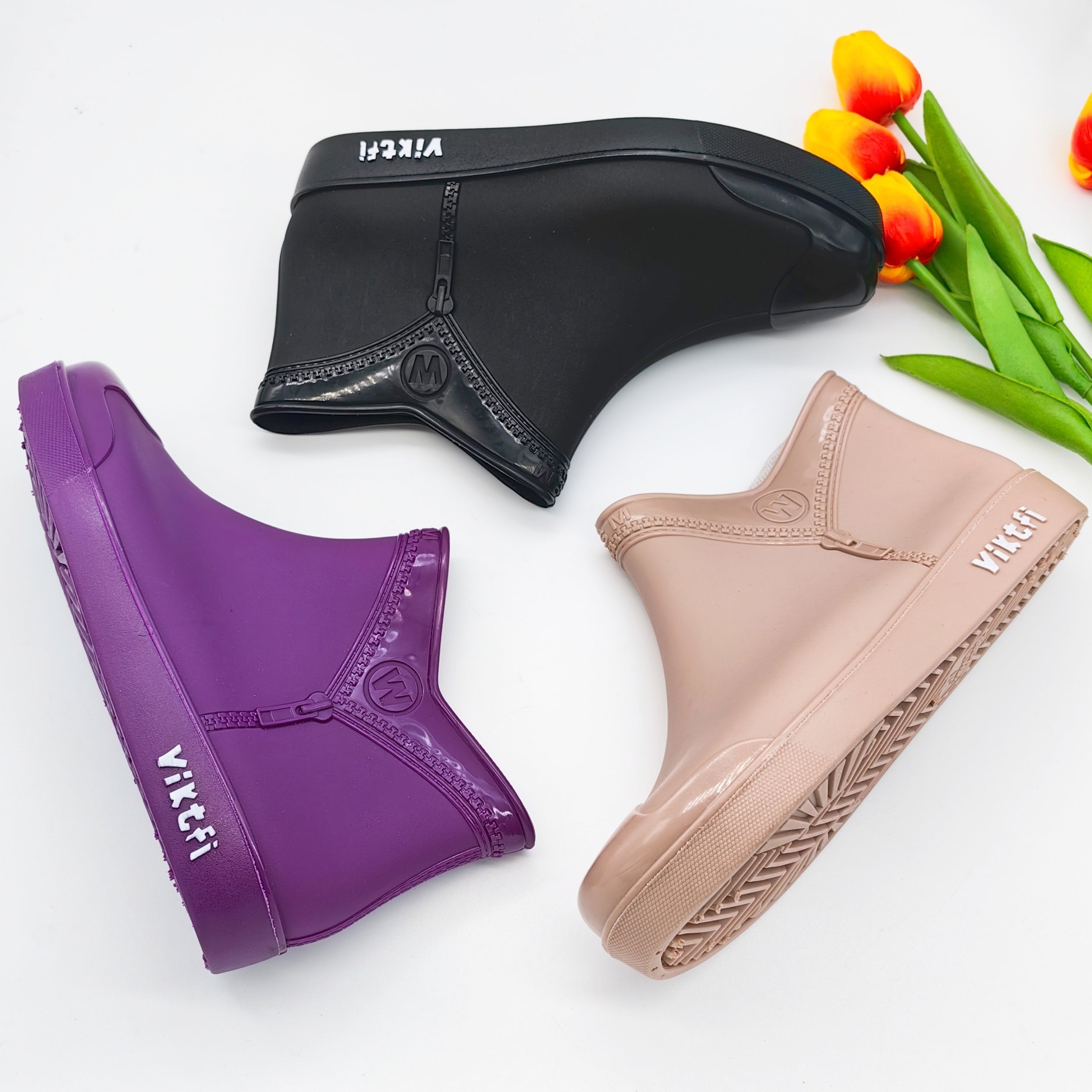 Women's Zipper Rain Boots Low Cut Round Toe Short Boots Waterproof Shoes