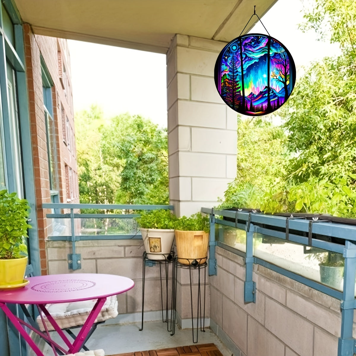 Aurora Forest Mountain Night View Suncatcher
