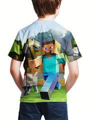 Boys 3D Building Block Printed Stylish T-shirt - Outdoor Casual Tees