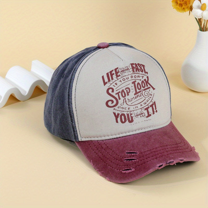 Distressed Ripped Baseball Cap Letter Printed Vintage Washed Block Sun Hat