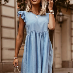 Sky Ruffle Denim Dress Loose Fit Button Closure Casual Women's Clothing