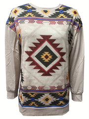 Western Style Print Sweatshirt Crew Neck for Women