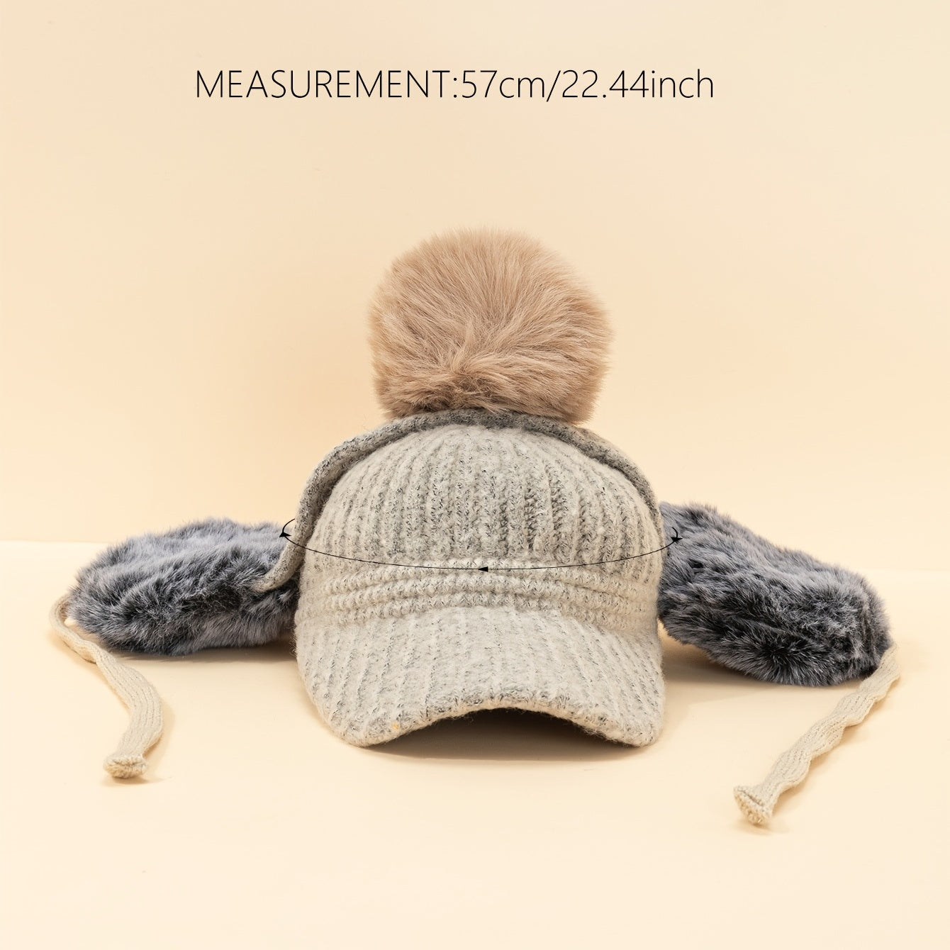 Beige Pompom Baseball Cap Winter Knit Hat With Earmuffs