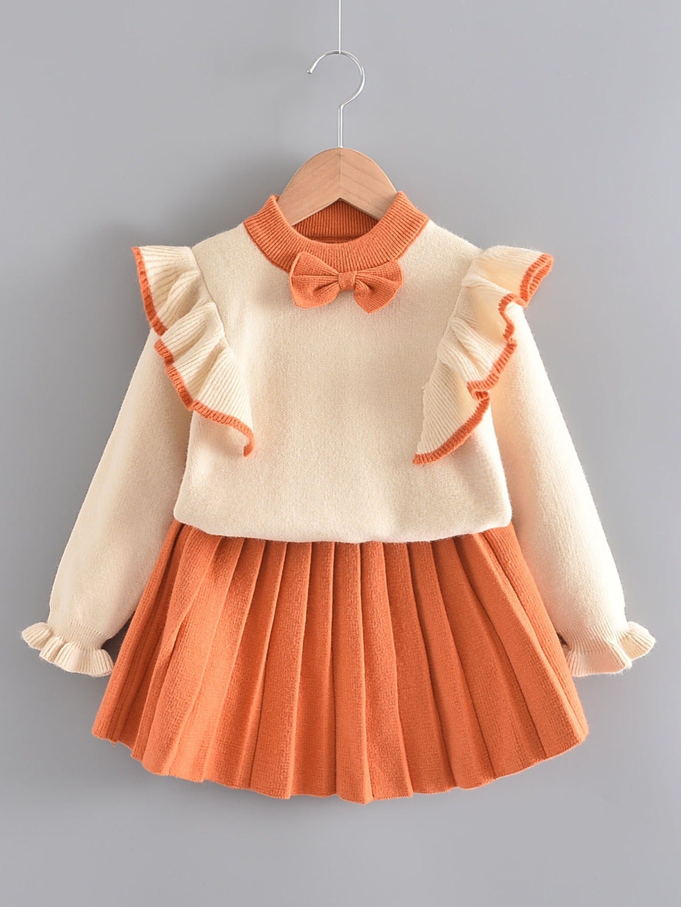 Girl's Ruffle Sweater & Pleated Skirt Set Bow Decor Casual Outfits
