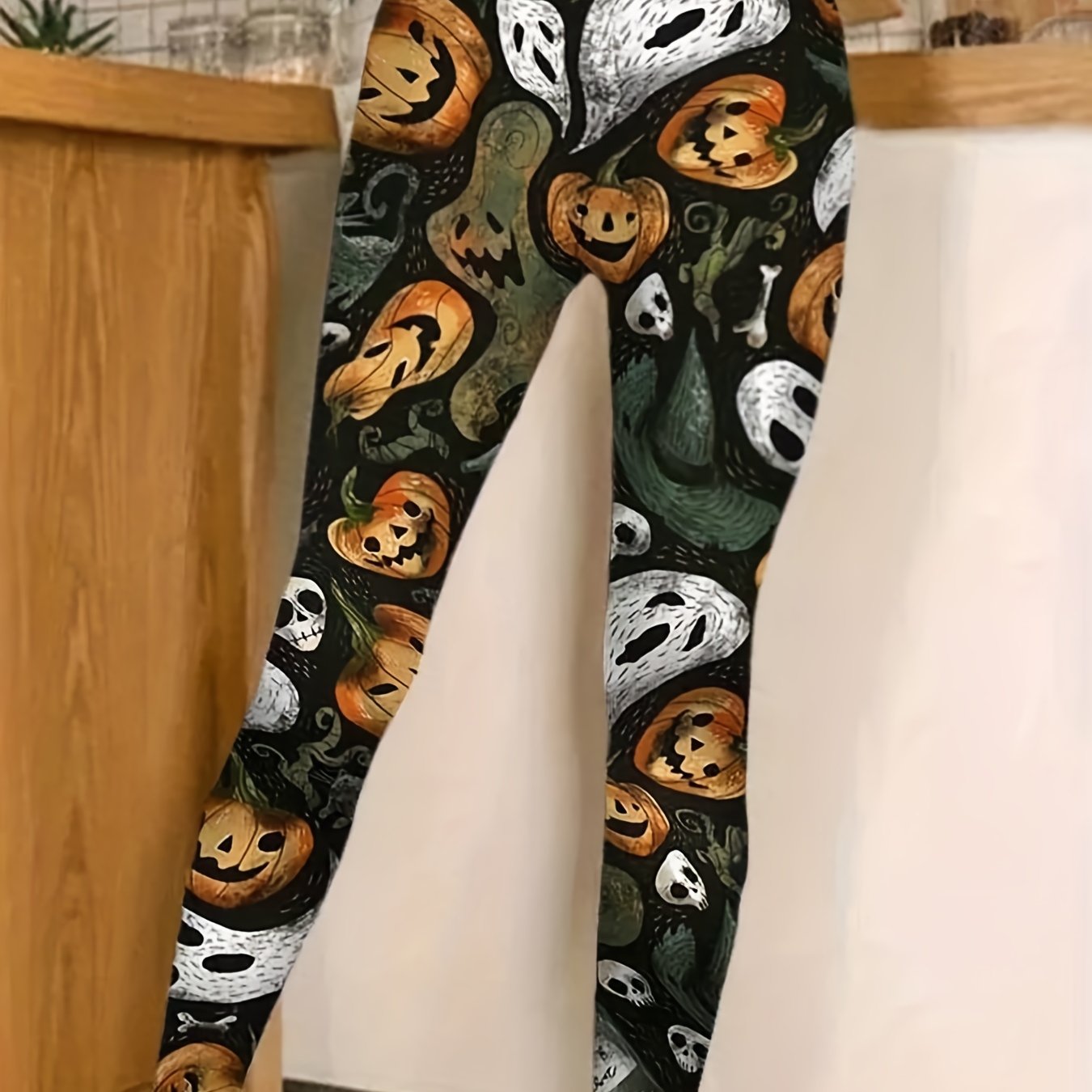 Halloween Leggings Women's Plus Funny Ghost & Pumpkin Print