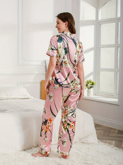 Floral Satin Pajama Set Short Sleeve Top & Pants