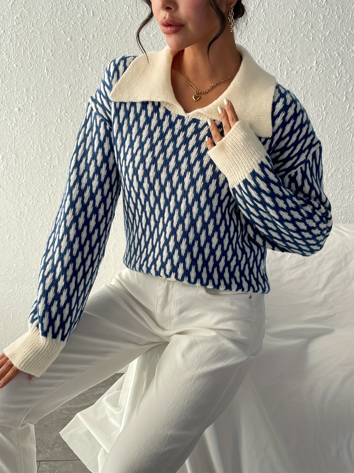 Allover Pattern Flat Collar Pullover Sweater Women's Clothing