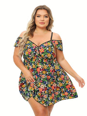 Floral Print Cold Shoulder Ruffle Trim Cami Dress