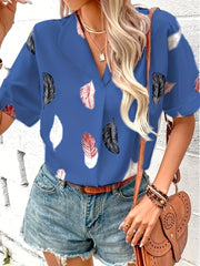 Feather Print Short Sleeve Blouse