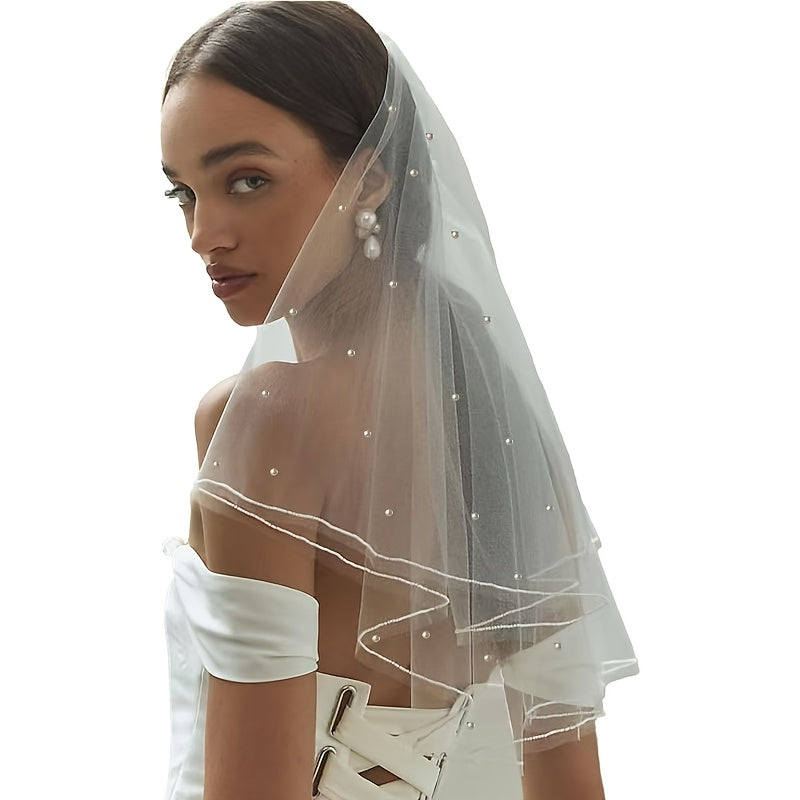 Short Wedding Veil with Pearl & Rhinestone Embellishments
