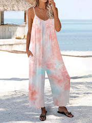 Boho Tie Dye Loose Cami Jumpsuit Casual Crew Neck Wide Leg Mini Strap Jumpsuit