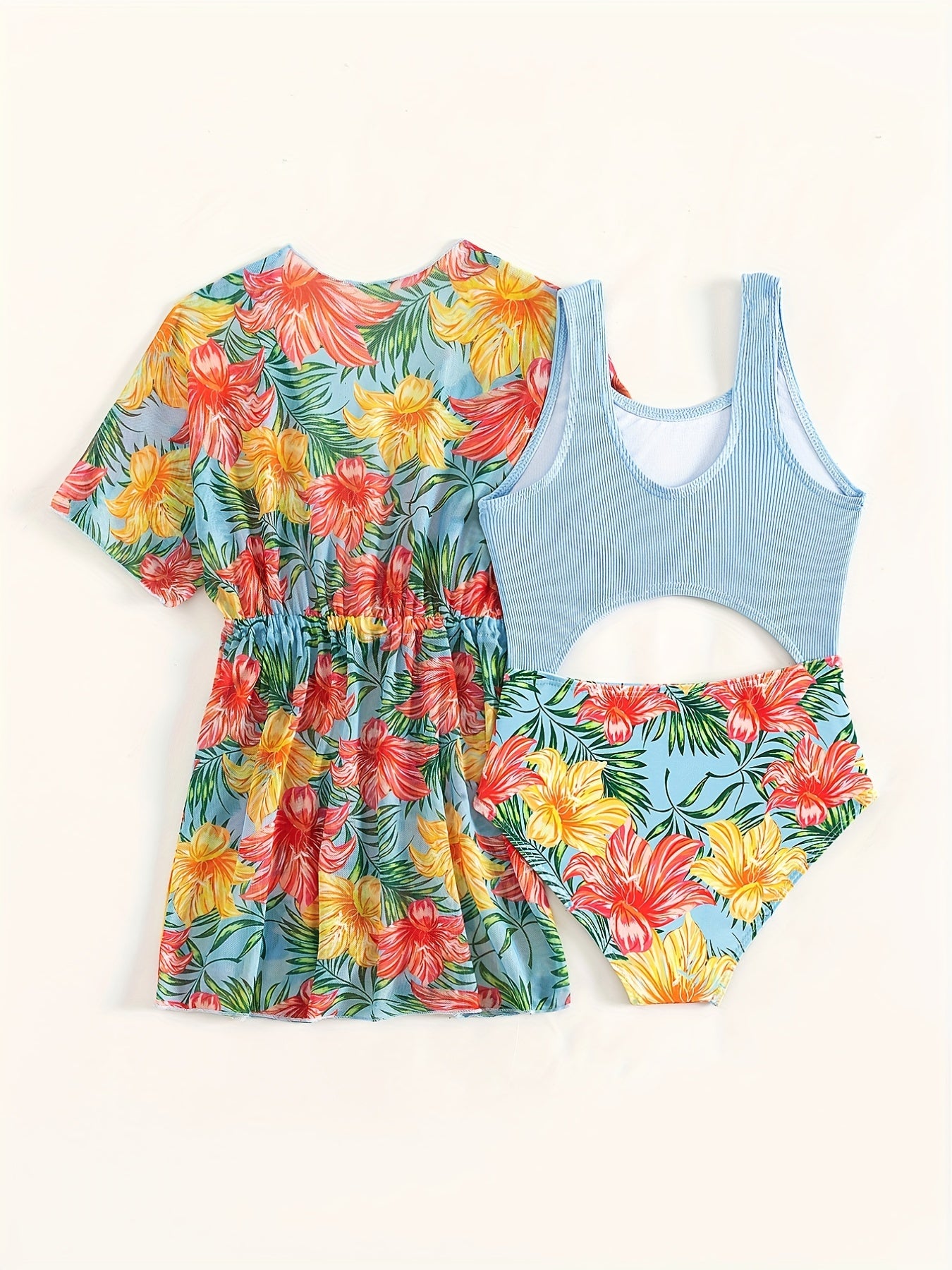 Girl's Tropical Plant Print Tankini Swimsuit & Cover Up