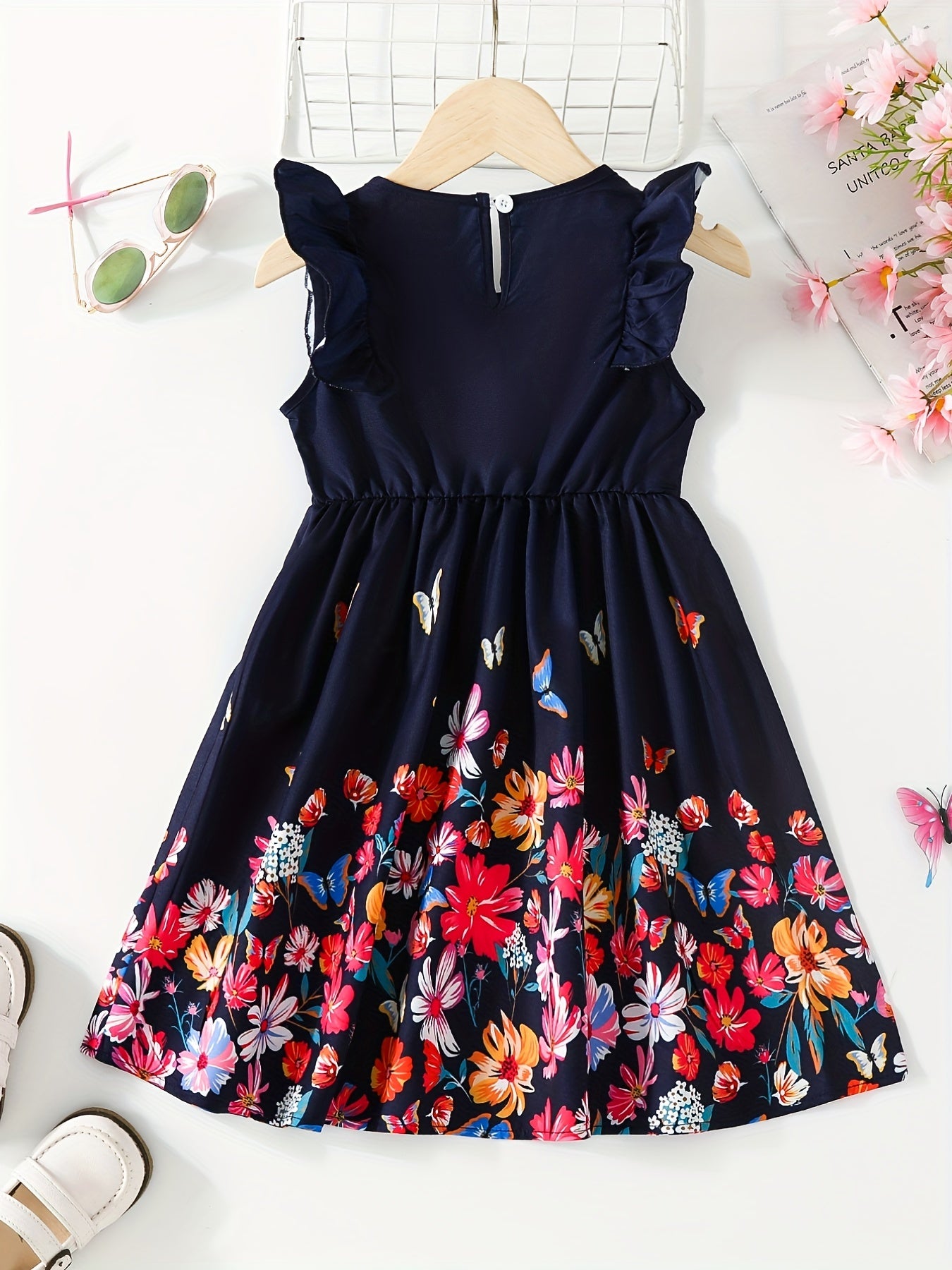 Girls Vibrant Butterflies & Flowers Print Skirt Elastic Waist Dress