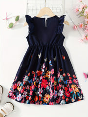 Girls Vibrant Butterflies & Flowers Print Skirt Elastic Waist Dress