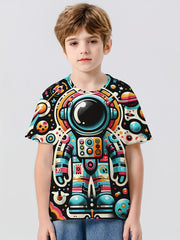 Cartoon Astronaut Print Boy's Tee Short Sleeve Crew Neck Comfy T shirt