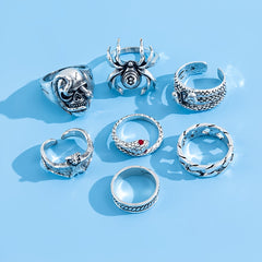 7pcs Hip Hop Style Ring Set - Skull Bat Snake Spider Distressed Vintage