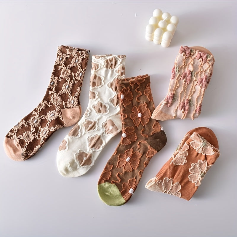 5 Pairs 3D Floral Textured Socks Retro Style All Match Women's Stockings