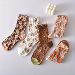 5 Pairs 3D Floral Textured Socks Retro Style All Match Women's Stockings