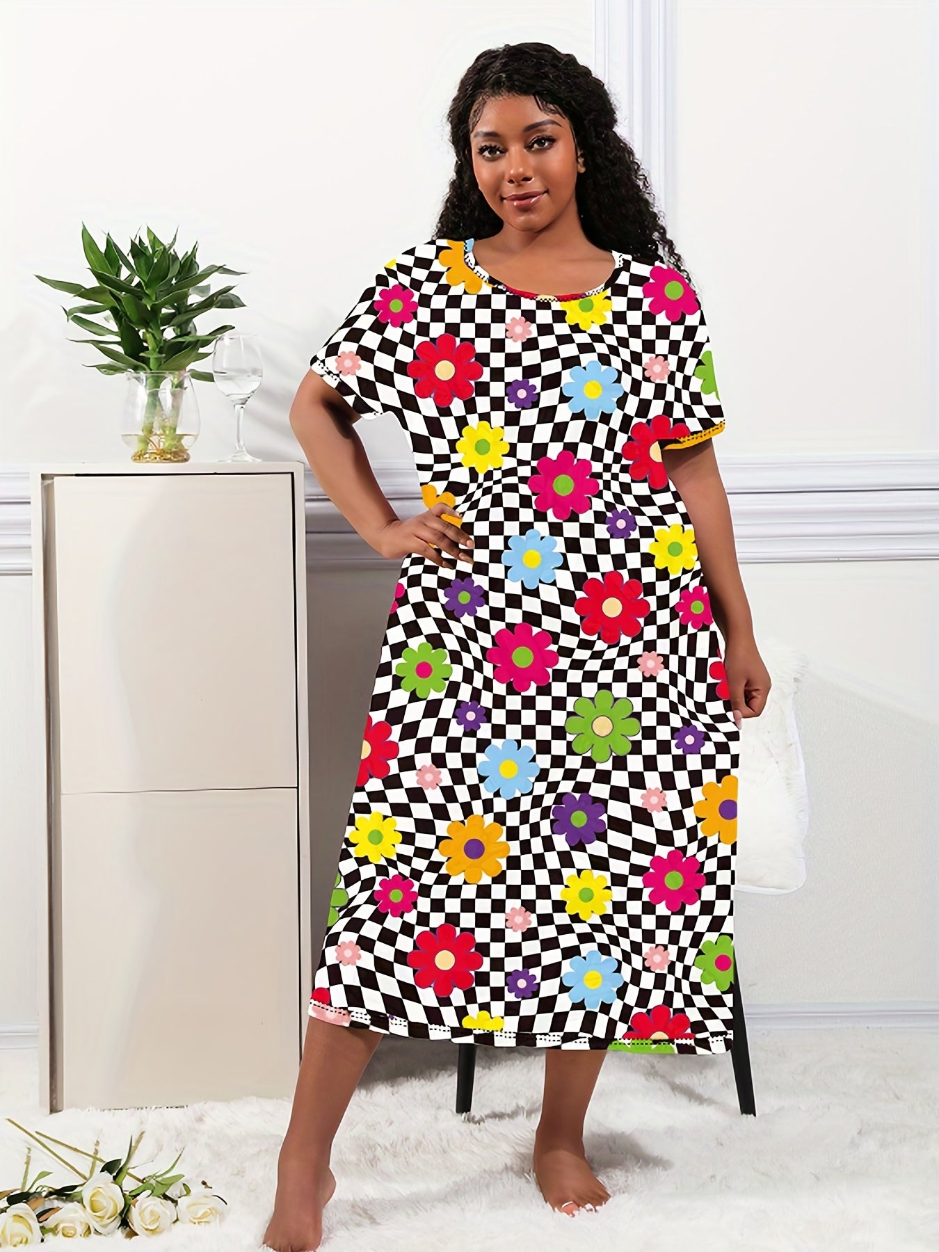 Checkered & Floral Print Tee Nightdress