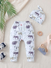 2pcs Animal Print Elastic Waist Pants & Hat Set for Baby Boys & Girls