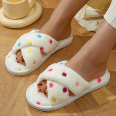 Polka Dots Pattern Slippers Casual Cross Strap Plush Slip On Furry Slippers