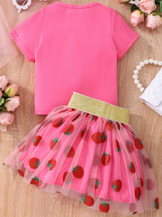 2pcs Girls Strawberry Graphic T Shirt Top & Glitter Tape Mesh Skirt Set