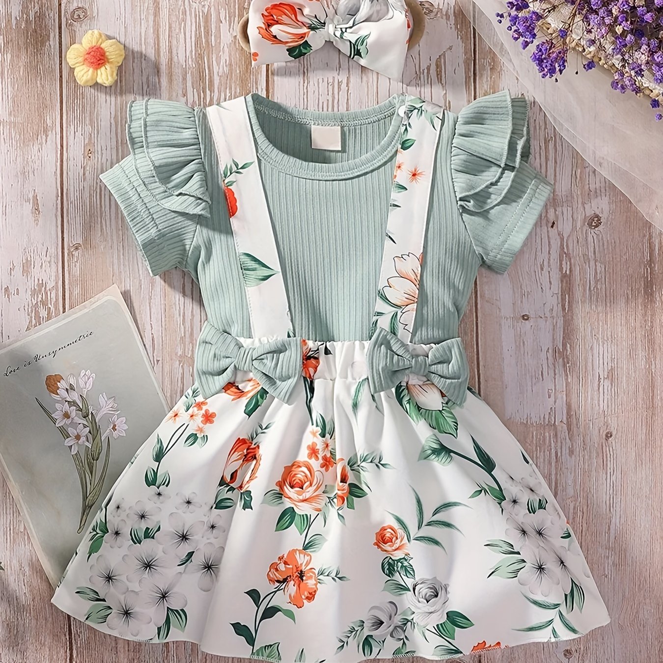 3pcs Baby Girls Casual T shirt & Floral Suspender Skirt Set