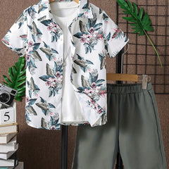 Boys Floral & Leaf Print Short Sleeve T-shirt & Shorts Set