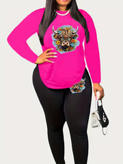 Women's Plus Floral Cow Print Long Sleeve Top & Leggings Set