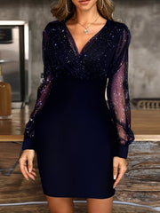 Semi Sheer Mesh Dress Long Sleeve V neck Party Dress Women's Clothing