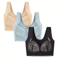 3pcs Lace Decor Wirefree Sports Bra V Neck Bras For Women