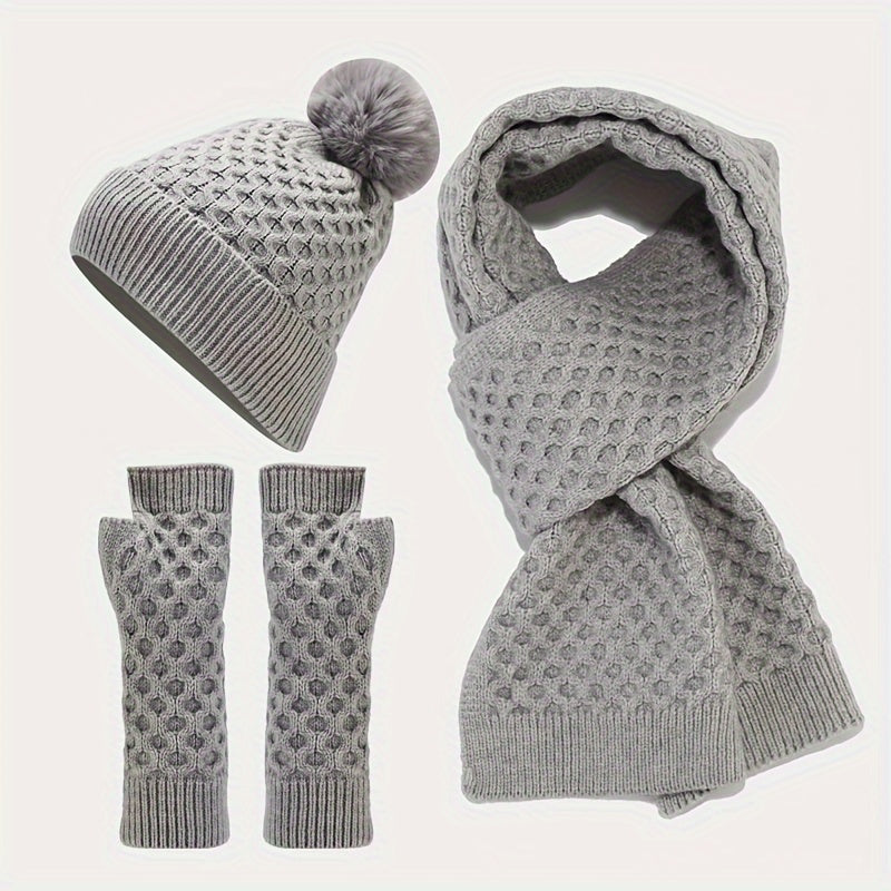 Winter Knit Beanie Scarf Gloves Set Acrylic Warm Accessories Pom Pom Hat