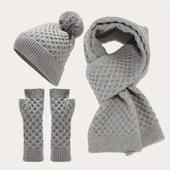 Winter Knit Beanie Scarf Gloves Set Acrylic Warm Accessories Pom Pom Hat