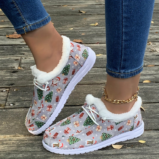 Christmas Santa Claus Print Snow Boots Plush Comfortable Skate Shoes
