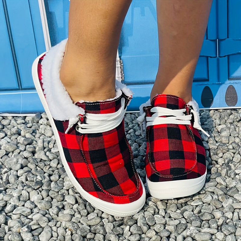 Women's Red Plaid Print Warm Sneakers Lightweight Comfortable Flat Sneakers