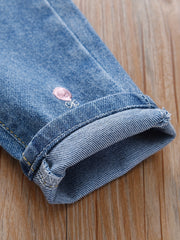 Girls' Embroidered Elastic Waist Jeans