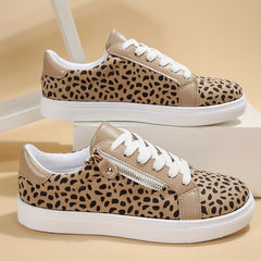 Leopard Print Skate Shoes Zipper Lace Up Low Top Sneakers Flat Walking Shoes