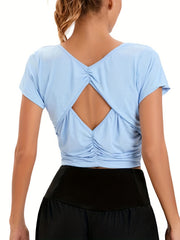 Solid Argyle Pleated Yoga Top with Hollow Back