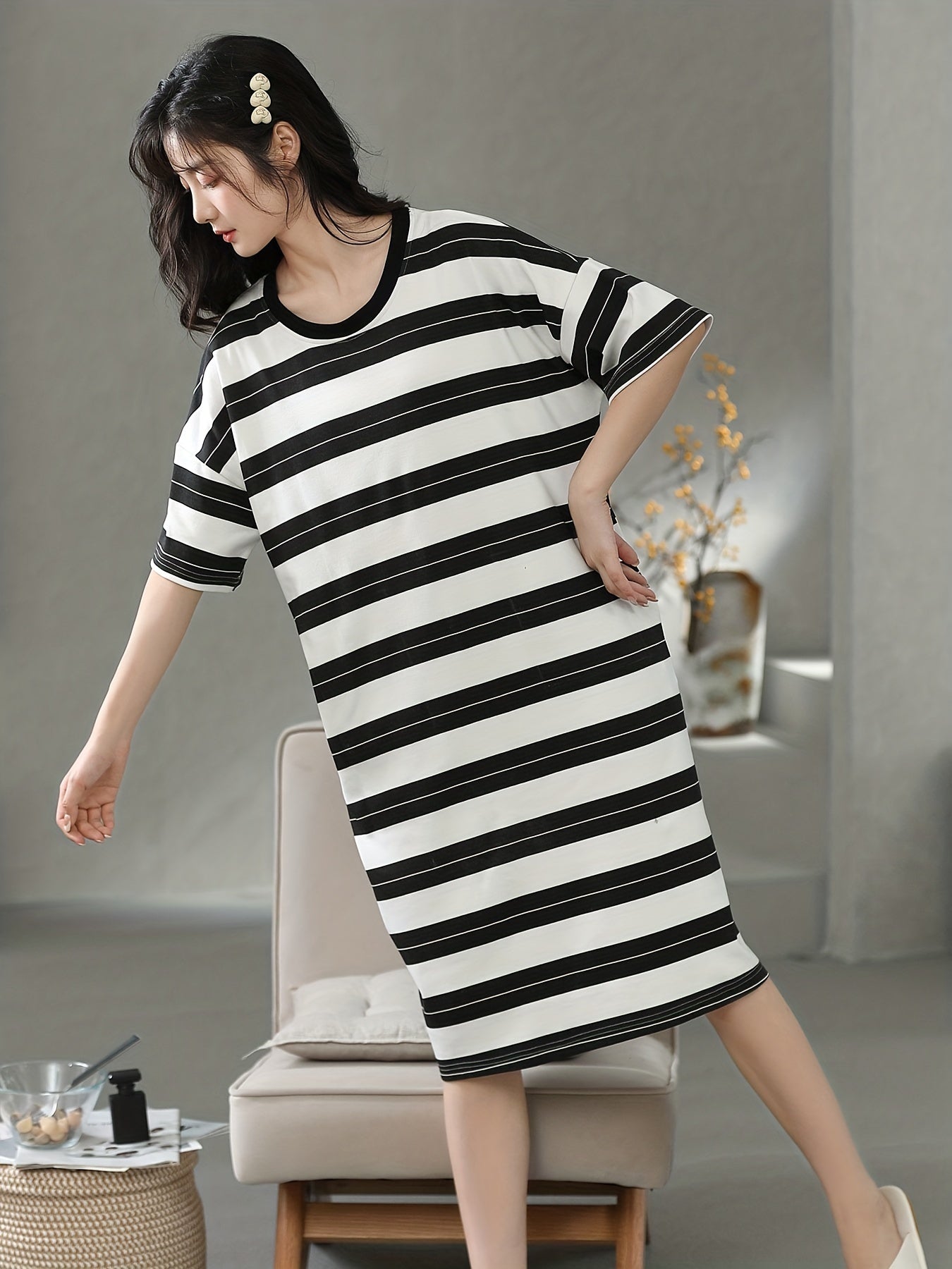 Striped Print Nightdress Short Sleeve Sleep Dress Women's Sleepwear