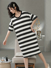 Striped Print Nightdress Short Sleeve Sleep Dress Women's Sleepwear