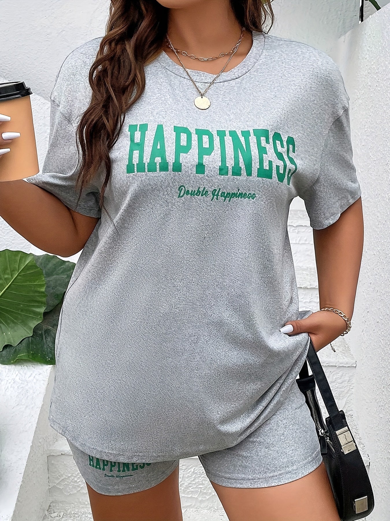 Casual Lounge Set Women's Plus Tee & Shorts Pajama Set