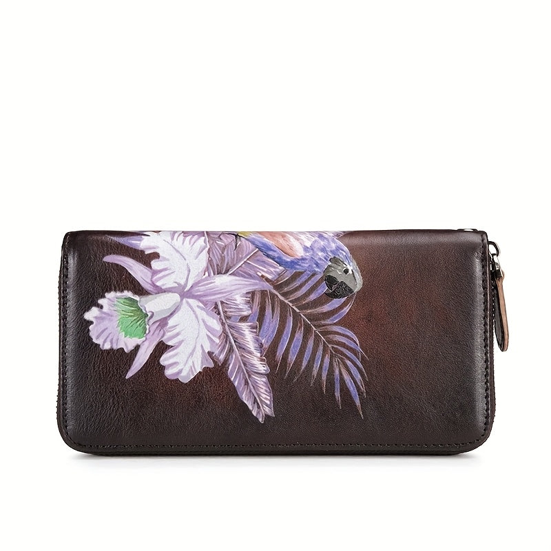 Vintage Tropical Floral Tote Bag Brown Leather Zip Closure