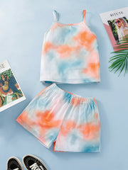 2pcs Girls Tie Dye Cami Top & Shorts Set Kids Summer Clothes