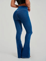 Mid Waist Flare Leg Jeans Sexy Medium Strech Button Fly Denim Pants