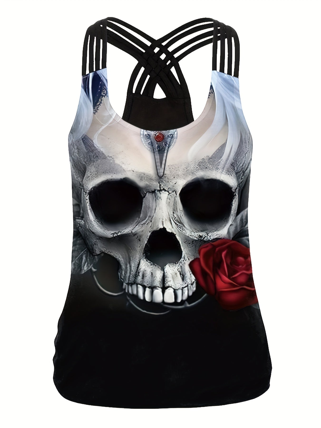 Skull Print Cross Back Tank Top Crew Neck Sleeveless Top Women's Clothing