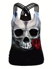 Skull Print Cross Back Tank Top Crew Neck Sleeveless Top Women's Clothing